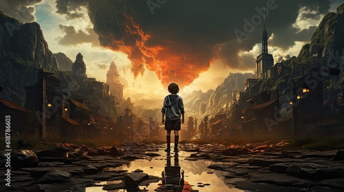 journey of a young boy in a fantasy world, illustration, background
