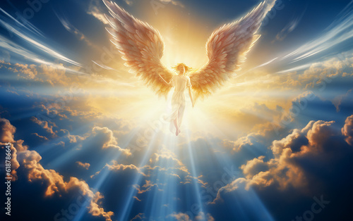 angel, Ascending angel from the divine realm, Archangel, celestial genesis, dazzling luminance, godly radiance, Angelic cosmos scenery, stunning heavenly setting. Generative AI