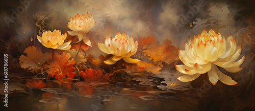a painting of yellow flowers growing in a pond Generated by AI