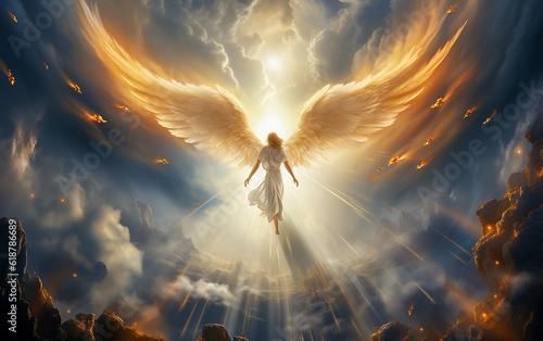 Photo angel,  Heavenly angel rising, Archangel, celestial origin, brilliantly glowing, divine radiance, Angelic cosmos backdrop, exquisite celestial scenery