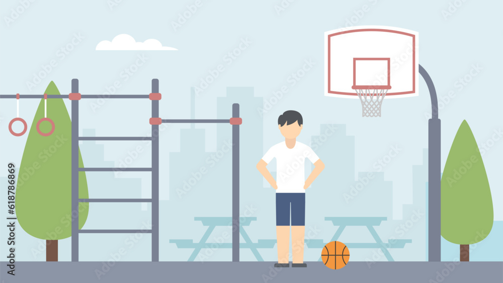 Child plays with a ball at the playground. Physical education and sporting activities concept. Basketball player in park illustration. 