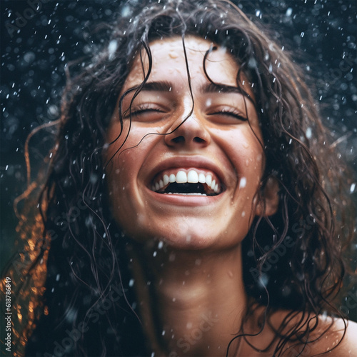 Image of a positive young woman smiling while raining. Cheerful woman enjoying the rain outdoors. emotions.Generative AI © Margo_Alexa