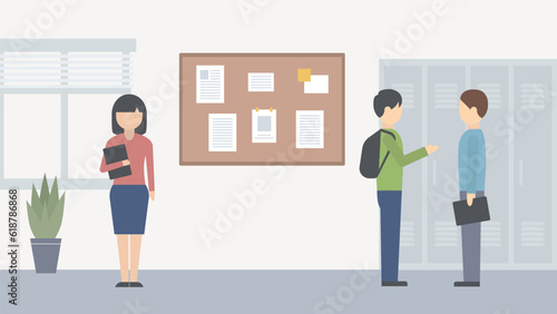 School or college hallway. University corridor. Students or pupils socialize in the school or university lobby. 