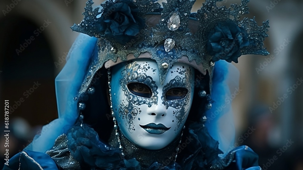 Vibrant carnival masks adorn the streets of Venice during a traditional festival, creating a kaleidoscope of colors. Generative AI	