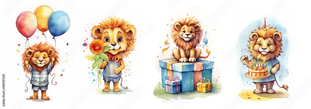A set of illustrations in a watercolor style for the design of invitation cards for a children's birthday on the theme of Leo party: with a cake, with a gift box, happy flowers, AI generated