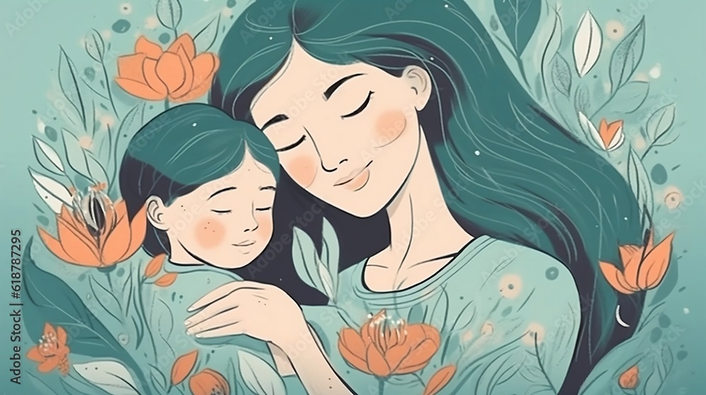 Mom with child. Mother's Day illustration. Generative AI Mom with child. Mother's Day illustration. Generative AI