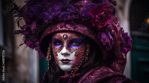 Vibrant carnival masks adorn the streets of Venice during a traditional festival, creating a kaleidoscope of colors. Generative AI 