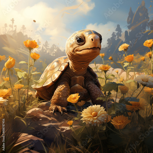 Sunlit Serenity: Tortoise Trek, created with Generative Al technology.