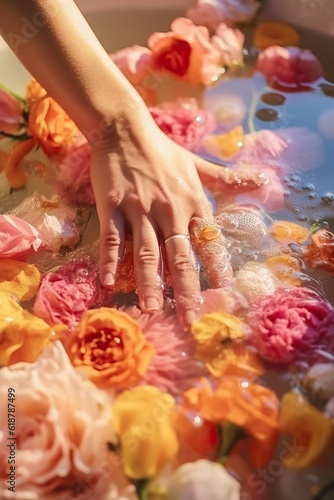 Flowers and petals float in the water. Skin care  moisturizing hand bath. Spa treatment  relaxation and aromatherapy procedure. Self care concept for woman. Pastel colors  soft light