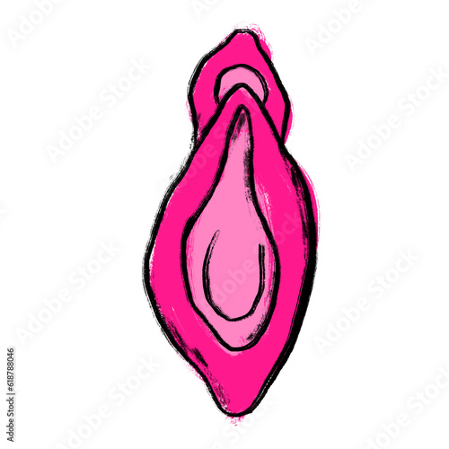 Hand drawn illustration of schematic stylized drawing of vulva vagina. Medical concept female woman health, gynecology anatomical design pink, human reproduction system science.