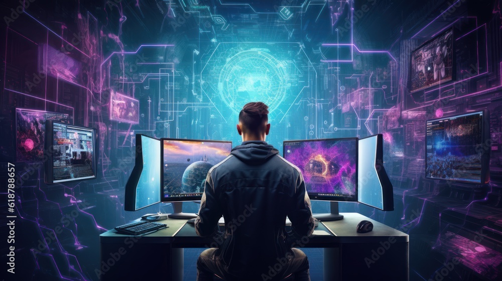 Depict a skilled cyberpunk hacker in a futuristic setting, surrounded by holographic interfaces, intricate code, and virtual reality elements Depict a skilled cyberpunk hacker in a futuristic setting, surrounded by holographic interfaces, intricate code, and virtual reality elements