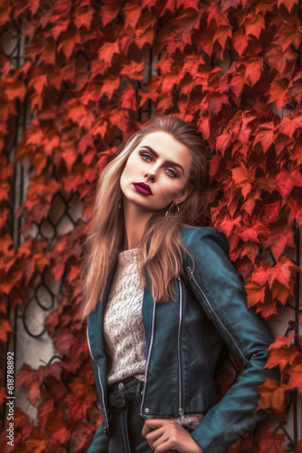 Generative AI illustration of Beautiful young caucasian woman with background of red leaves in autumn colors dressed in the latest fashion