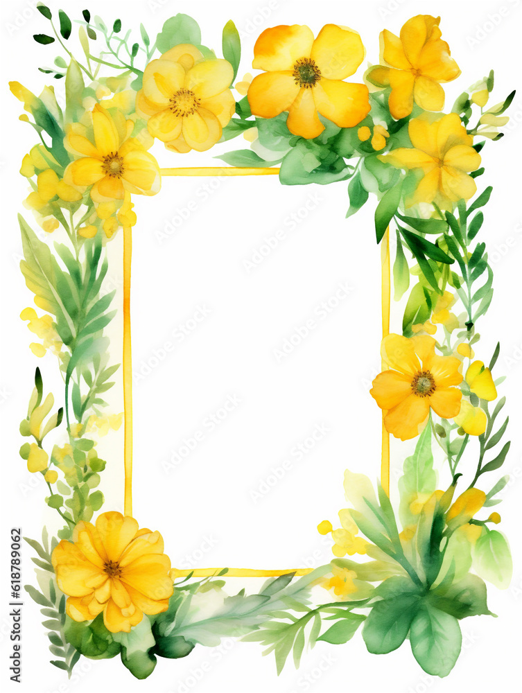 Watercolor frame with yellow flowers on white background with copy space inside. Ai generated Watercolor frame with yellow flowers on white background with copy space inside. Ai generated