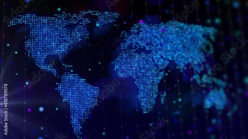 Digital map of the world in the form of a bright glowing composition of particles. Virtual composition of big data in geographical contours
