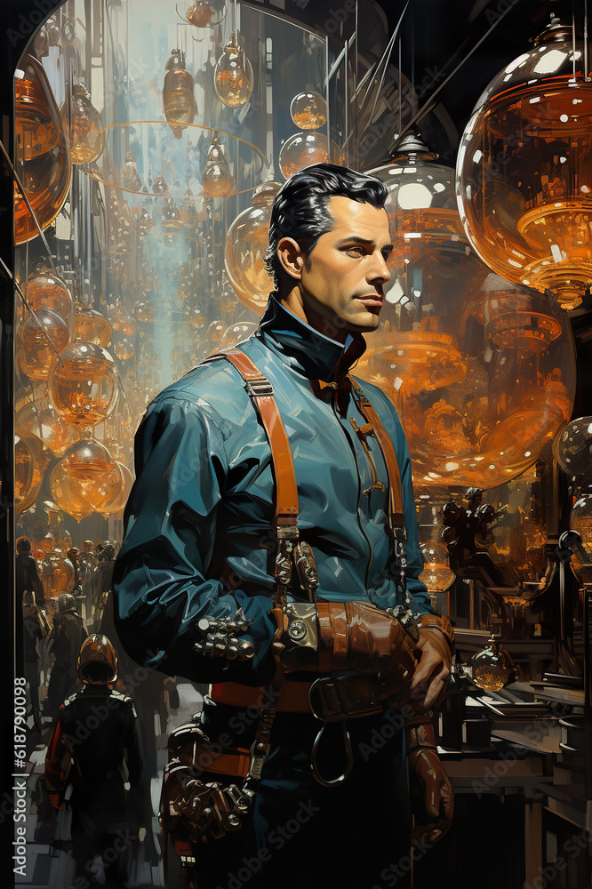 A painting of a man in a science fiction setting. Generative AI.