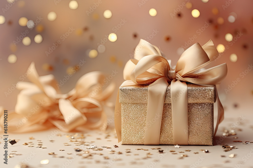 A festive golden gift box with a bow A festive golden gift box with a bow