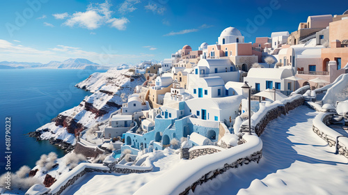 A view of a snow covered town on the edge of the ocean. Generative AI. Imaginary greek village in Santorini island in winter under snow. photo