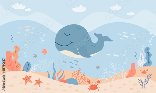 Children graphic illustration for nursery, wallpaper, book cover, textile, cards. Vector illustration with marine theme with cute whale  © Iryna