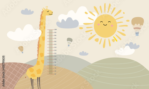 Children graphic vector illustration for nursery, wall, book cover, textile, cards. Height chart with giraffe, kids meter wall for nursery design