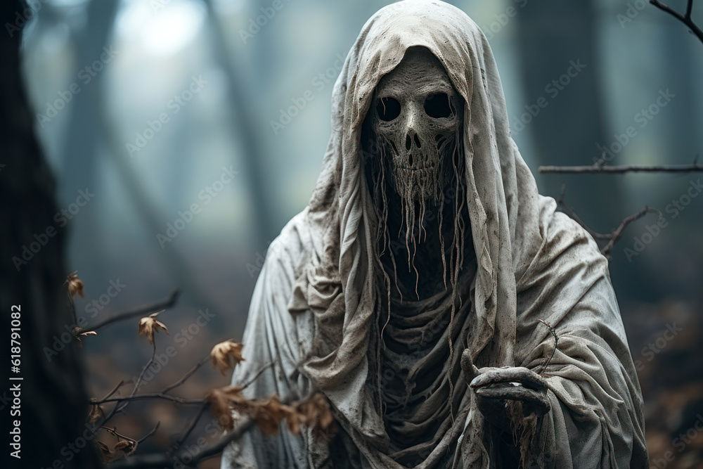 Necromancer creepy white ghost on a forest terror halloween generative ai