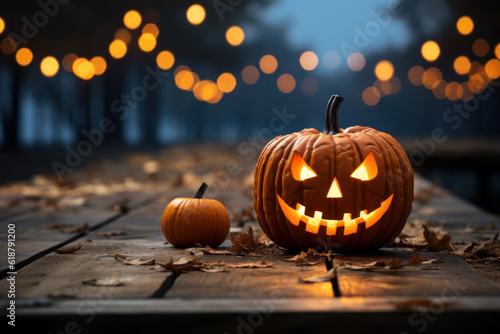 Jack o' lantern halloween pumpkin on top a rustic wooden table generative ai