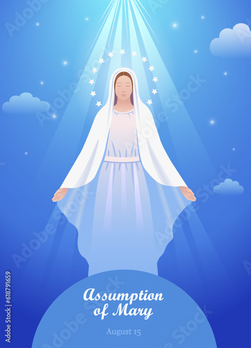 Assumption of Mary. Holy Blessed Virgin Mary or Mother of God. .Vector illustration for Christian and Catholic communities, design, decoration of religious holidays, history
