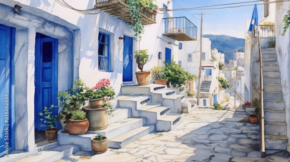 Streets of a small Mediterranean town with traditional houses with blue doors and potted flowers.