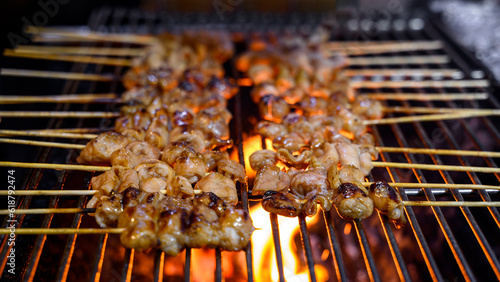 grilled pork intestines skewers on hot flames in street food market  photo