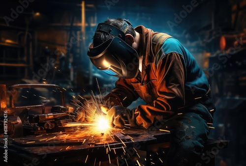Worker is welding on a dark background. 