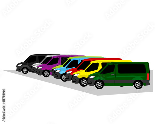Parking. Multicolored minibuses in the parking lot.