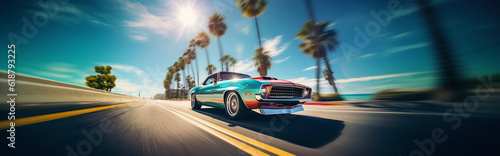 Ssport car drive fast at ocean miami beach. Palm trees, speed. AI generated.