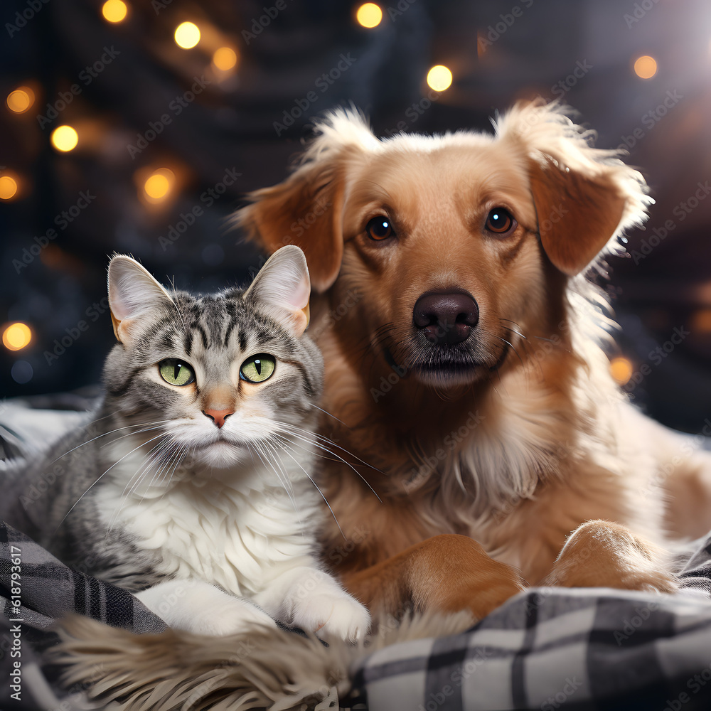 Portrait of cute cat and adorable puppy together. AI generated Portrait of cute cat and adorable puppy together. AI generated