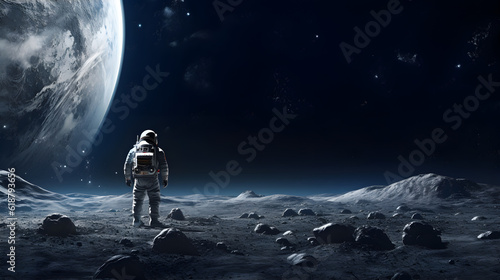Foto Spaceman or astronaut on the surface of moon. AI generated.