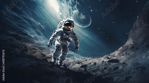 Spaceman or astronaut on the surface of moon. AI generated. © May Thawtar
