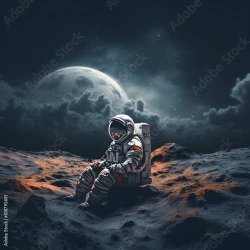 Spaceman or astronaut on the surface of moon. AI generated.