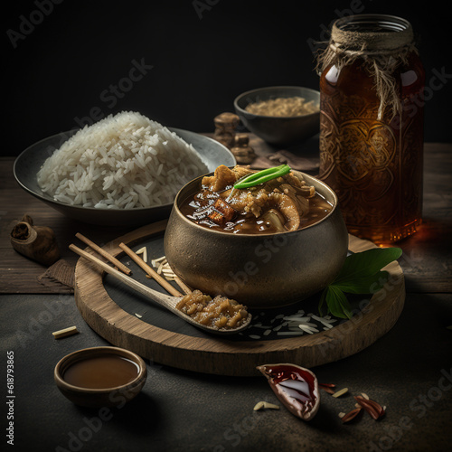 A bowl of rice with a bottle of sauce