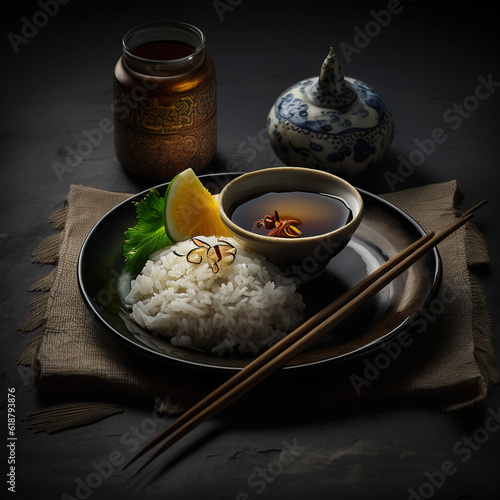 A bowl of rice with a bottle of sauce