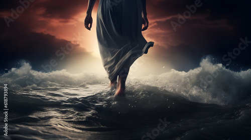 Jesus Christ walking on water in the evening. AI generated