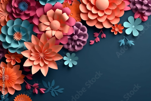 Top view of 3d paper flowers and leaves background