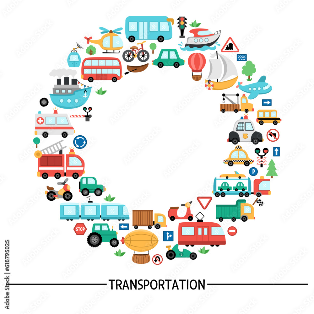 Vector transportation round frame with bus, car, boat, truck. Card template design with wreath of different kinds of transport for banners. Cute road way illustration with bike, plane, train.