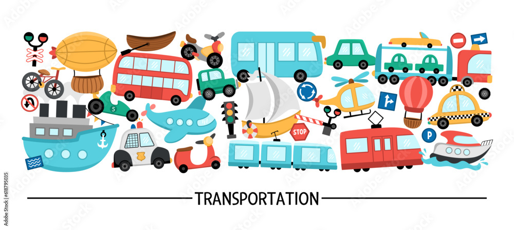 Vector transportation horizontal set with different kinds of transport. Road trip card template or frame design for banners. Cute illustration with bus, car, boat, truck, bike, plane, train.