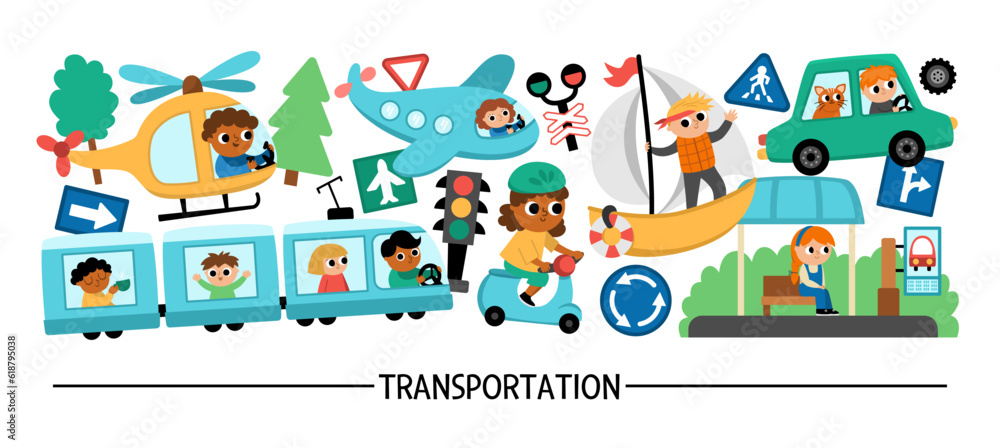 Vector transportation horizontal set with different kinds of transport and cute kids drivers. Road trip card template, frame design for banners. Cute illustration with bus, car, plane, train.