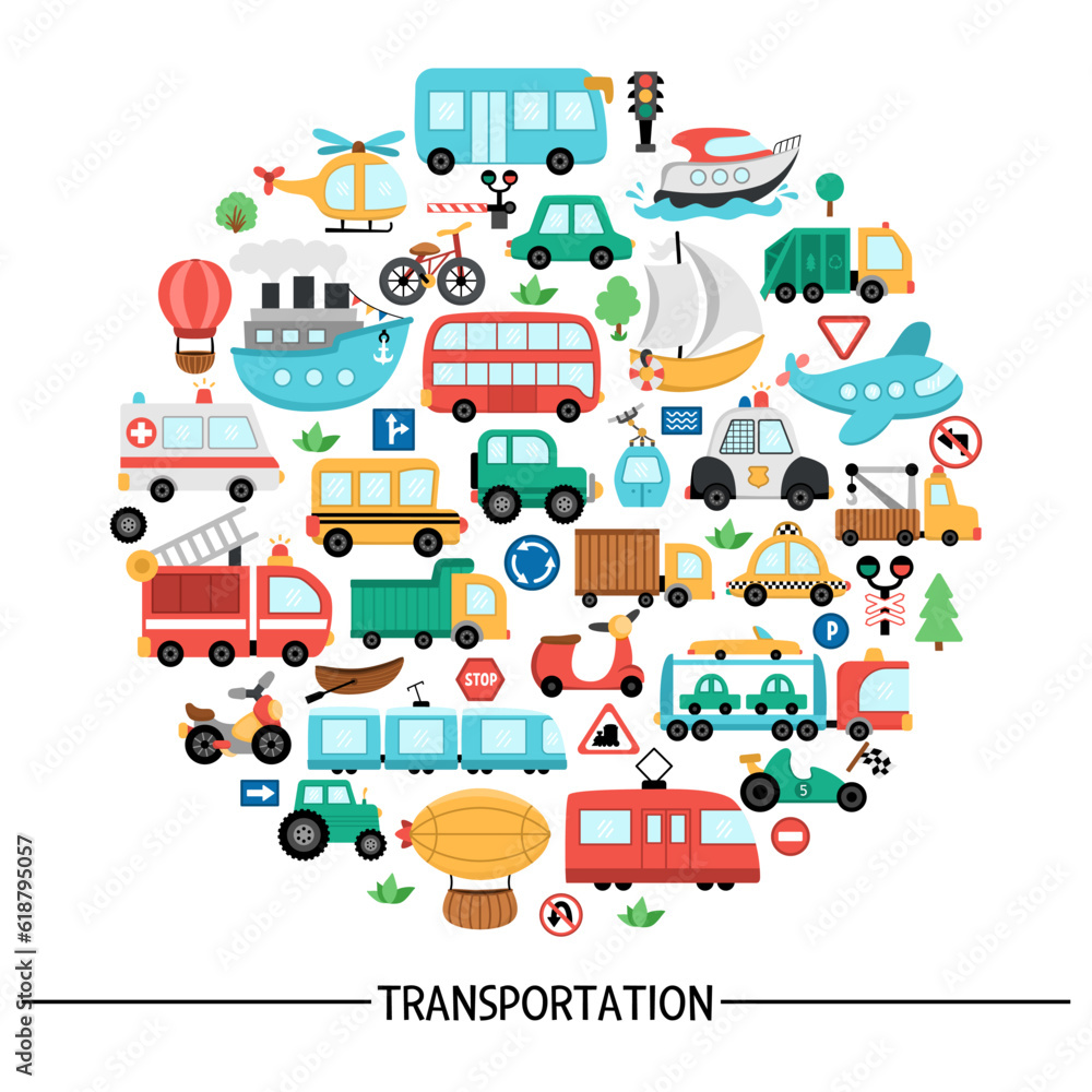 Vector transportation round frame with bus, car, boat, truck. Card template design with different kinds of transport for banners, invitations. Cute road way illustration with bike, plane, signs, train Vector transportation round frame with bus, car, boat, truck. Card template design with different kinds of transport for banners, invitations. Cute road way illustration with bike, plane, signs, train