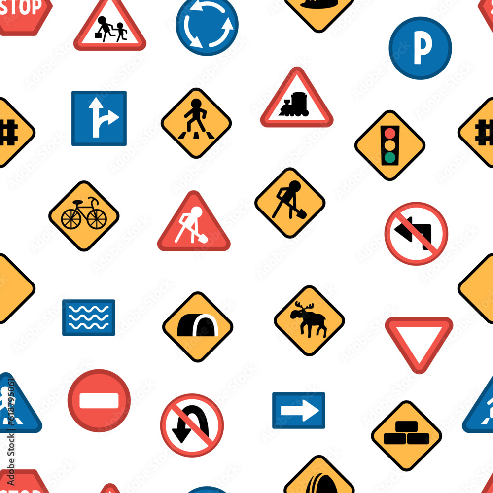 Vector road signs seamless pattern. Railway and traffic street repeating background. Cute highway rules texture with traffic lights, stop, construction works plates, arrows. Vector road signs seamless pattern. Railway and traffic street repeating background. Cute highway rules texture with traffic lights, stop, construction works plates, arrows.