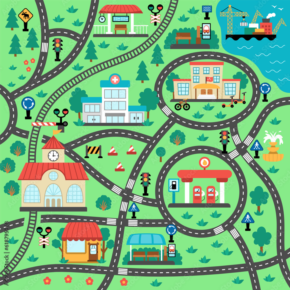 City transport map. Square shaped background with railway, roads, traffic signs for kids. Vector road trip playing mat for kids. Urban plan with school, railway station, bus stop, gas station, cafe