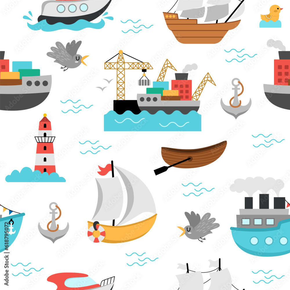 Vector water transport seamless pattern. Funny nautical transportation repeating background with ship, boat, steamship, yacht for kids. Cute marine vehicles texture with anchor, lighthouse, seagull.