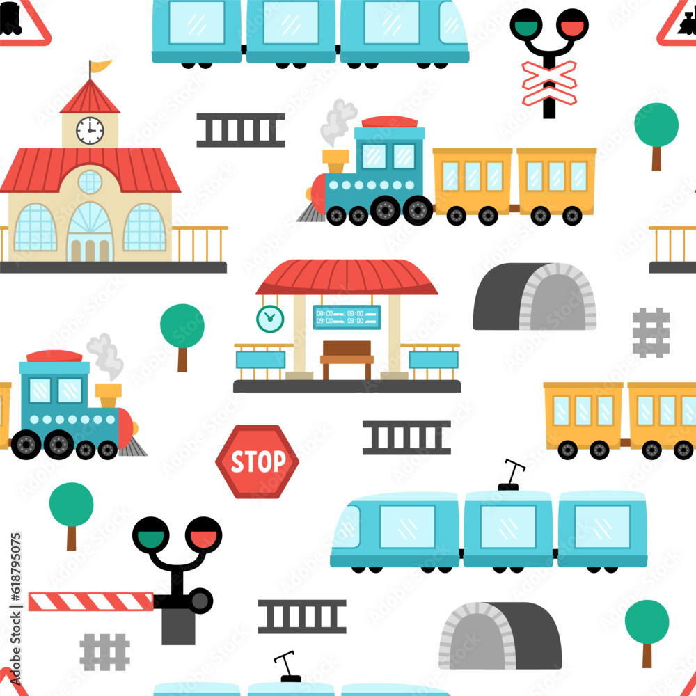 Vector railway transport seamless pattern. Funny railroad transportation repeating background with train, steam train, tunnel for kids. Cute rail vehicles texture with semaphore, barrier.