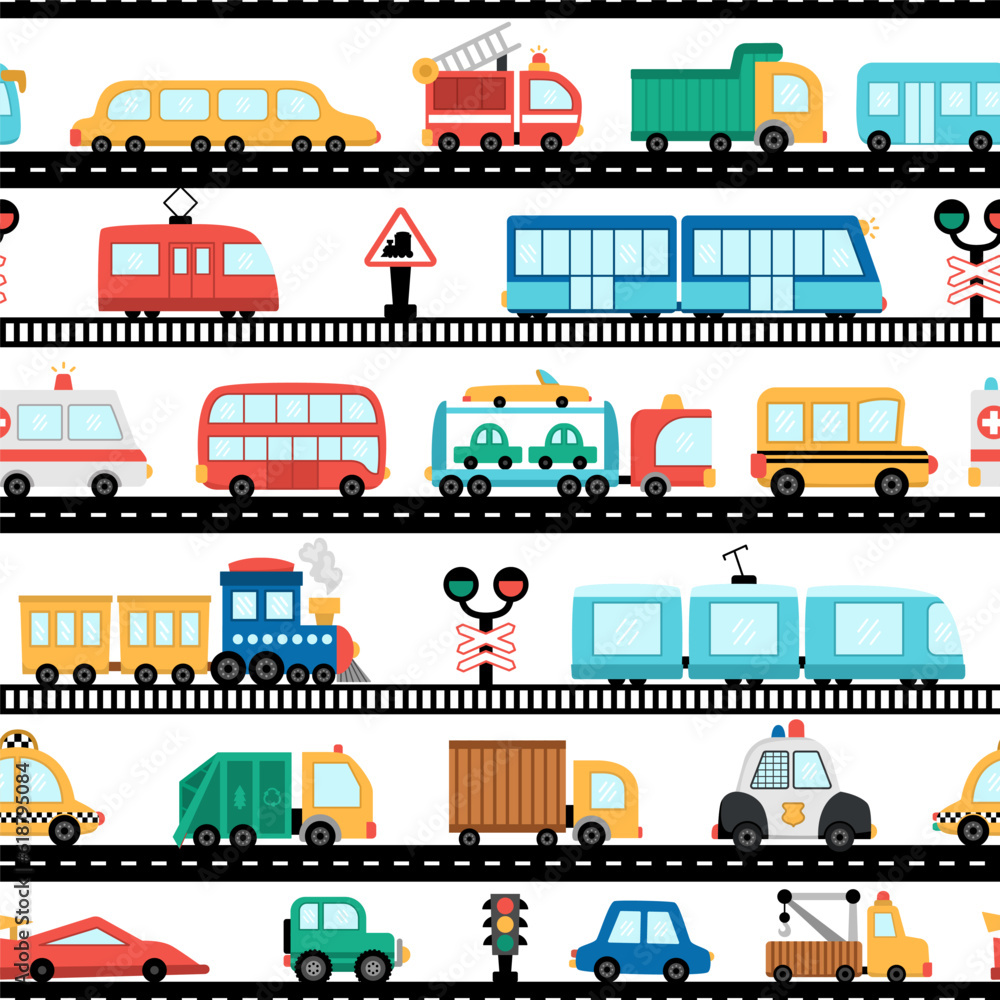 Vector transportation seamless pattern. Funny transport repeat background for kids with horizontal road and railroad. Digital paper with cars and vehicles. Cute texture with train, truck, metro.