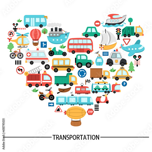Vector transportation heart shaped frame with bus, car, boat, truck. Card template design with different kinds of transport for banners, invitations. Cute road way illustration with bike, plane, train