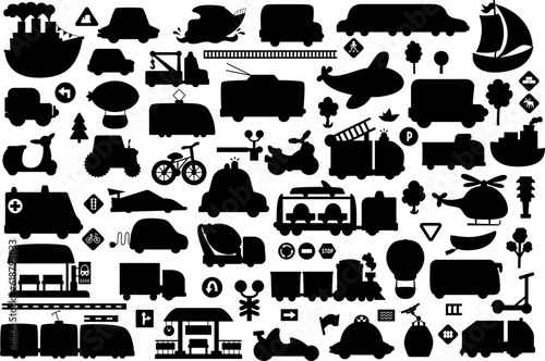 Vector transportation silhouettes set. Black icons collection with different kinds of transport. Cute road way shadow illustrations with bus, car, boat, truck, bike, plane, train, bus stop, station